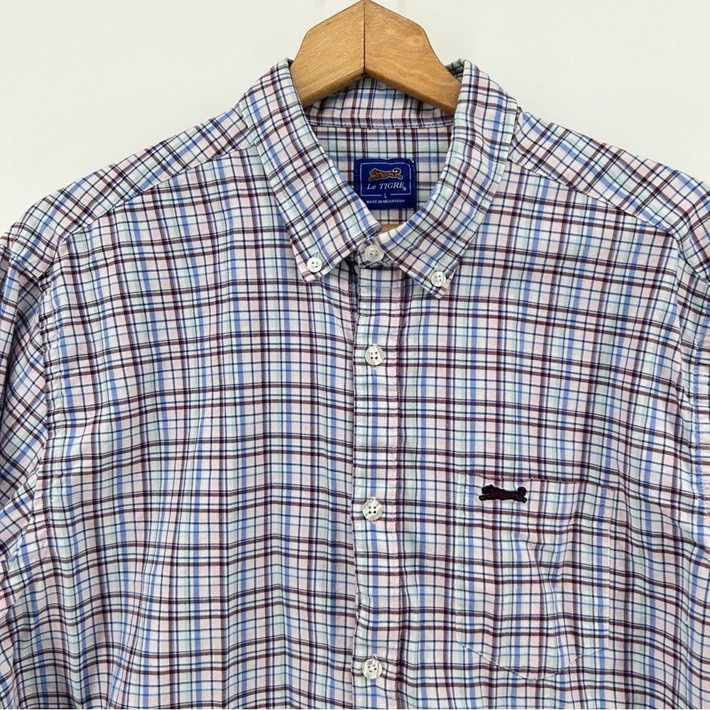 Le Tigre Men’s Long Sleeve Plaid Flannel Shirt Sz L Logo Blue Pink‎ Preppy Soft